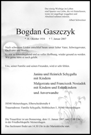 Todesanzeige von Bogdan Gaszczyk von WESTFÄLISCHER ANZEIGER