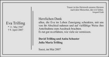 Todesanzeige von Eva Trilling von WESTFÄLISCHER ANZEIGER