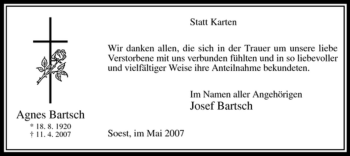 Todesanzeige von Agnes Bartsch von WESTFÄLISCHER ANZEIGER