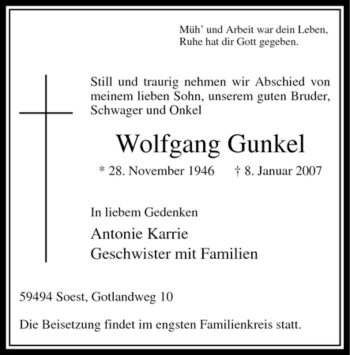 Todesanzeige von Wolfgang Gunkel von WESTFÄLISCHER ANZEIGER