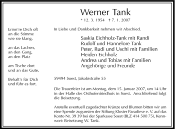 Todesanzeige von Werner Tank von WESTFÄLISCHER ANZEIGER