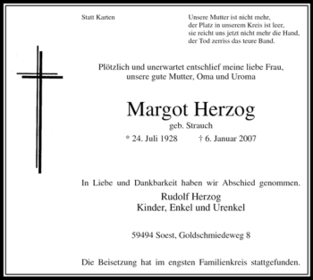 Todesanzeige von Margot Herzog von WESTFÄLISCHER ANZEIGER