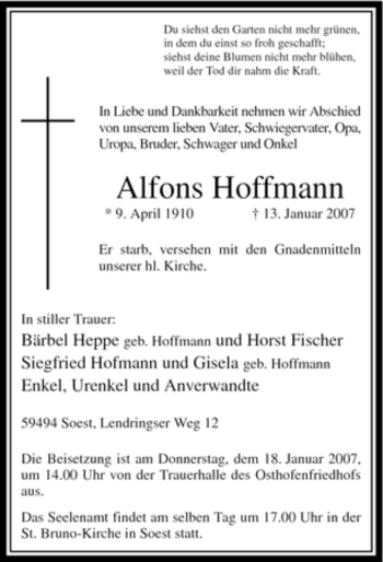 Todesanzeige von Alfons Hoffmann von WESTFÄLISCHER ANZEIGER