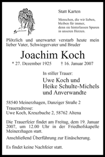 Todesanzeige von Joachim Koch von WESTFÄLISCHER ANZEIGER