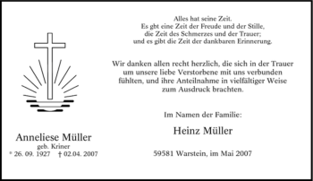 Todesanzeige von Anneliese Müller von WESTFÄLISCHER ANZEIGER