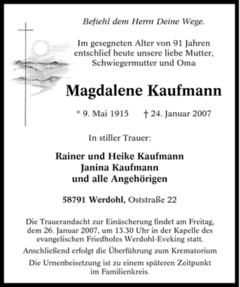 Todesanzeige von Magdalene Kaufmann von WESTFÄLISCHER ANZEIGER
