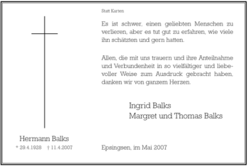 Todesanzeige von Hermann Balks von WESTFÄLISCHER ANZEIGER