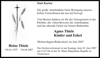 Todesanzeige von Heinz Thiele von WESTFÄLISCHER ANZEIGER