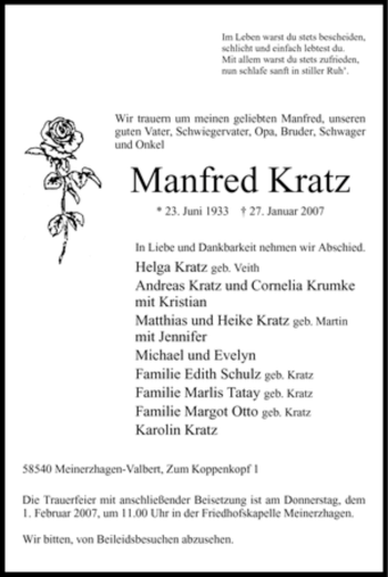 Todesanzeige von Manfred Kratz von WESTFÄLISCHER ANZEIGER