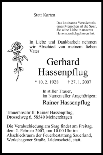 Todesanzeige von Gerhard Hassenpflug von WESTFÄLISCHER ANZEIGER