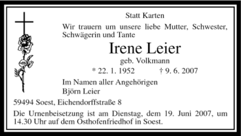 Todesanzeige von Irene Leier von WESTFÄLISCHER ANZEIGER