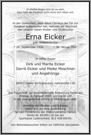 Todesanzeige von Erna Eicker von WESTFÄLISCHER ANZEIGER