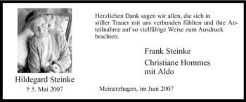 Todesanzeige von Hildegard Steinke von WESTFÄLISCHER ANZEIGER