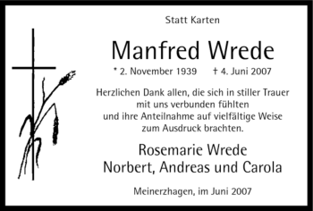 Todesanzeige von Manfred Wrede von WESTFÄLISCHER ANZEIGER