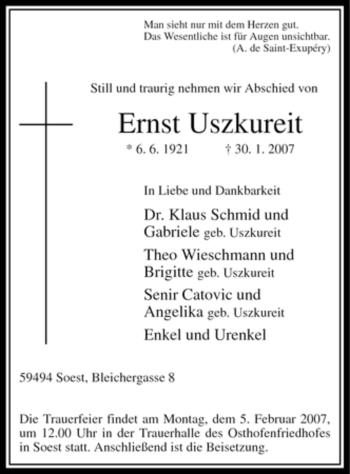 Todesanzeige von Ernst Uszkureit von WESTFÄLISCHER ANZEIGER