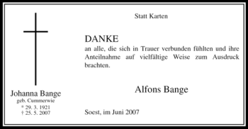 Todesanzeige von Johanna Bange von WESTFÄLISCHER ANZEIGER