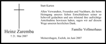 Todesanzeige von Heinz Zaremba von WESTFÄLISCHER ANZEIGER