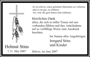 Todesanzeige von Helmut Stins von WESTFÄLISCHER ANZEIGER