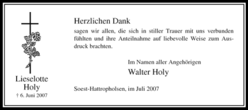 Todesanzeige von Lieselotte Holy von WESTFÄLISCHER ANZEIGER