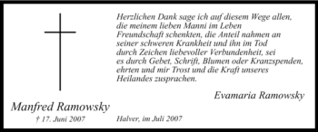 Todesanzeige von Manfred Ramowsky von WESTFÄLISCHER ANZEIGER