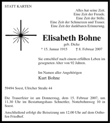 Todesanzeige von Elisabeth Bohne von WESTFÄLISCHER ANZEIGER