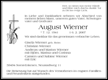 Todesanzeige von August Wiemer von WESTFÄLISCHER ANZEIGER