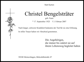 Todesanzeige von Christel Bengelsträter von WESTFÄLISCHER ANZEIGER