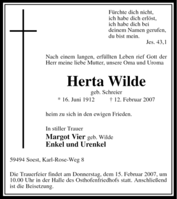 Todesanzeige von Herta Wilde von WESTFÄLISCHER ANZEIGER