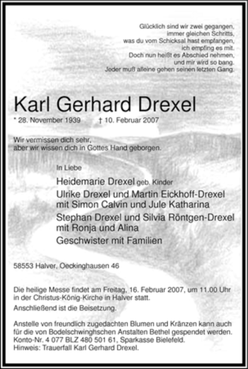 Todesanzeige von Karl Gerhard Drexel von WESTFÄLISCHER ANZEIGER