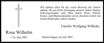 Todesanzeige von Rosa Wilhelm von WESTFÄLISCHER ANZEIGER