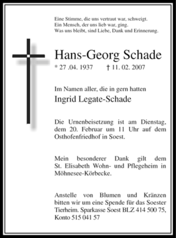 Todesanzeige von Hans-Georg Schade von WESTFÄLISCHER ANZEIGER