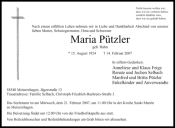 Todesanzeige von Maria Pützler von WESTFÄLISCHER ANZEIGER