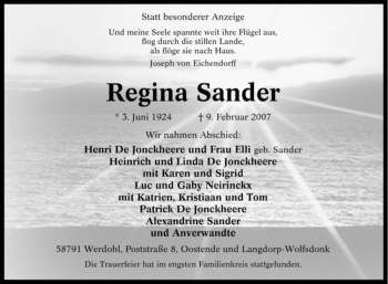 Todesanzeige von Regina Sander von WESTFÄLISCHER ANZEIGER