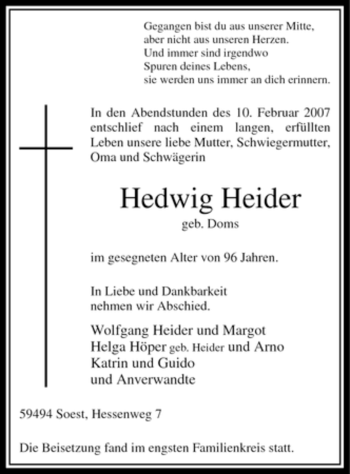 Todesanzeige von Hedwig Heider von WESTFÄLISCHER ANZEIGER