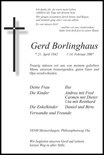 Todesanzeige von Gerd Borlinghaus von WESTFÄLISCHER ANZEIGER