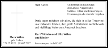 Todesanzeige von Meta Wilms von WESTFÄLISCHER ANZEIGER