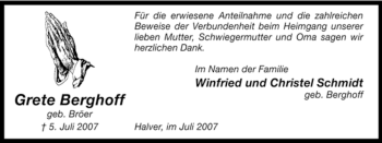 Todesanzeige von Frete Berghoff von WESTFÄLISCHER ANZEIGER