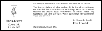 Todesanzeige von Hans-Dieter Kowalski von WESTFÄLISCHER ANZEIGER