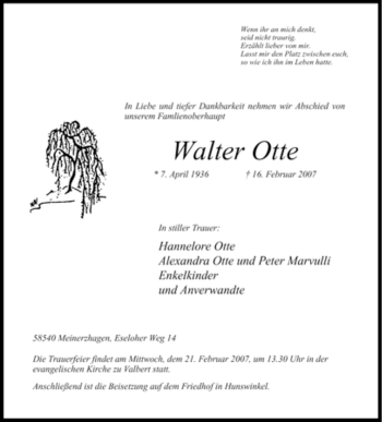 Todesanzeige von Walter Otte von WESTFÄLISCHER ANZEIGER