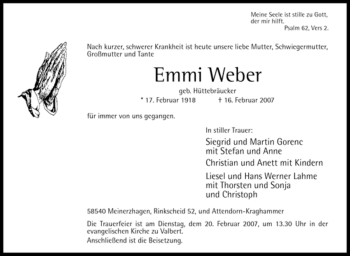 Todesanzeige von Emmi Weber von WESTFÄLISCHER ANZEIGER