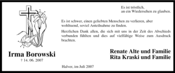 Todesanzeige von Irma Borowski von WESTFÄLISCHER ANZEIGER