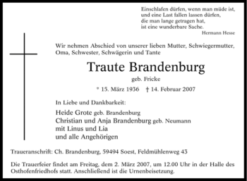 Todesanzeige von Traute Brandenburg von WESTFÄLISCHER ANZEIGER