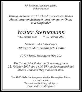 Todesanzeige von Walter Sternemann von WESTFÄLISCHER ANZEIGER