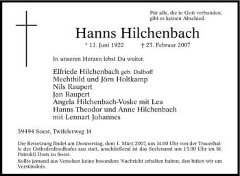 Todesanzeige von Hanns Hilchenbach von WESTFÄLISCHER ANZEIGER