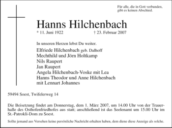 Todesanzeige von Hanns Hilchenbach von WESTFÄLISCHER ANZEIGER