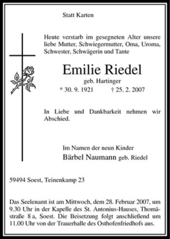 Todesanzeige von Emilie Riedel von WESTFÄLISCHER ANZEIGER