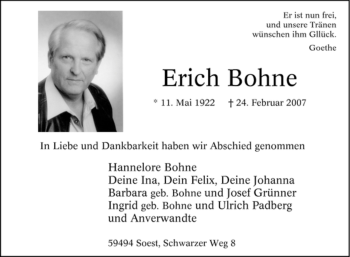 Todesanzeige von Erich Bohne von WESTFÄLISCHER ANZEIGER