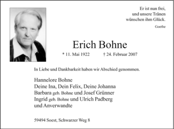 Todesanzeige von Erich Bohne von WESTFÄLISCHER ANZEIGER