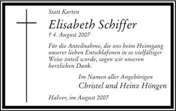 Todesanzeige von Elisabeth Schiffer von WESTFÄLISCHER ANZEIGER