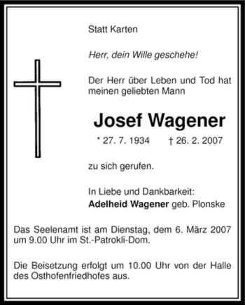 Todesanzeige von Josef Wagener von WESTFÄLISCHER ANZEIGER